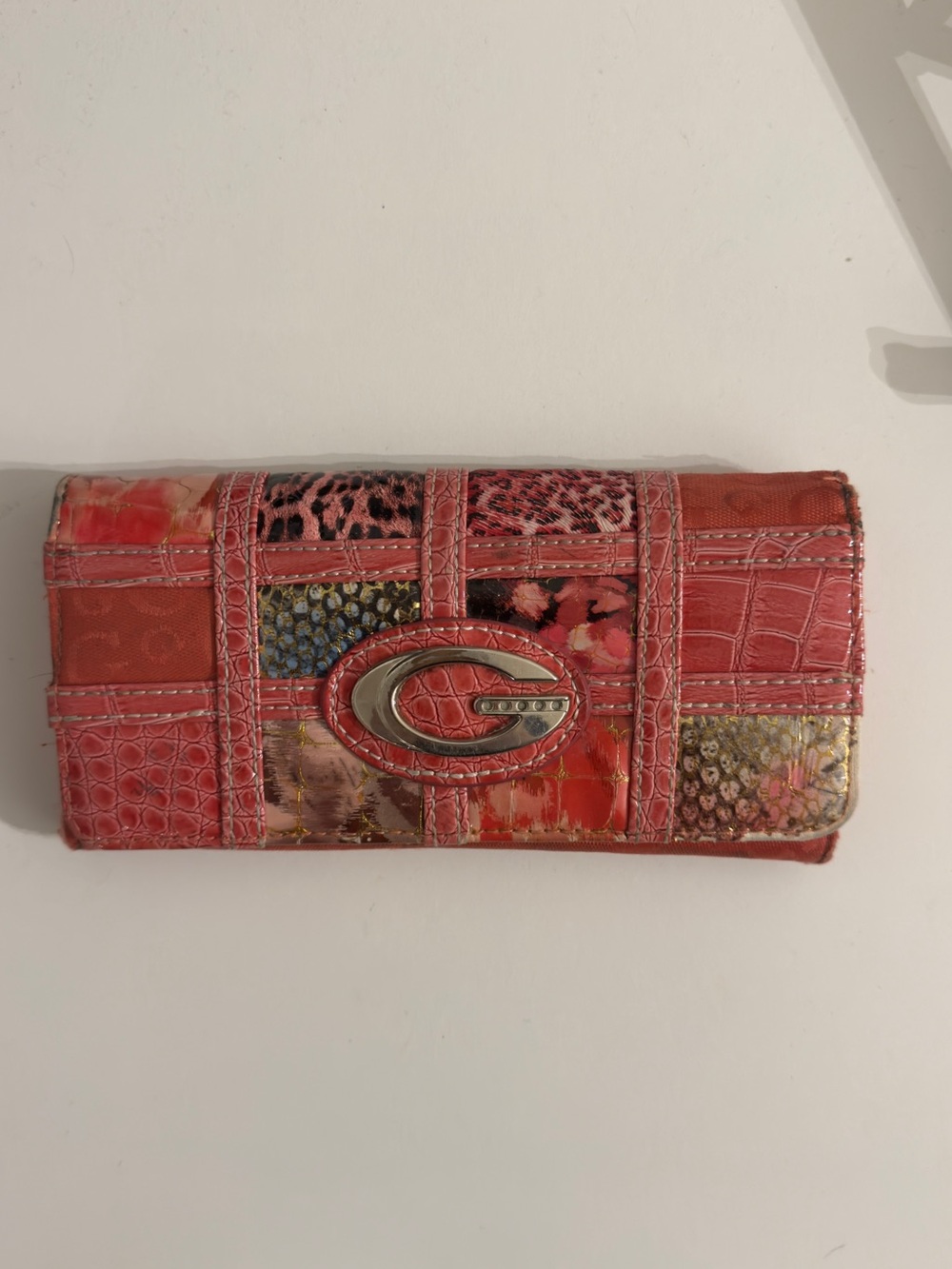 Guess Red Patchwork Clutch with Gold Emblem - Picture 2 of 4